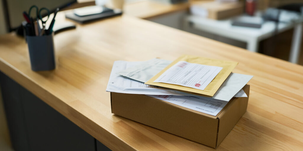 Portaria de condomínio papéis e encomendas acumuladas, ilustrando os problemas na gestão tradicional.