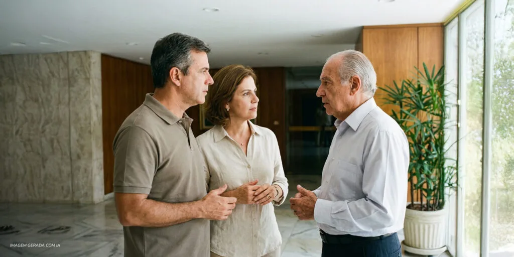 Síndico conversando com moradores em área comum do condomínio, representando diálogo, proximidade e gestão baseada em alinhamento e confiança.