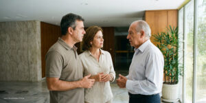 Síndico conversando com moradores em área comum do condomínio, representando diálogo, proximidade e gestão baseada em alinhamento e confiança.