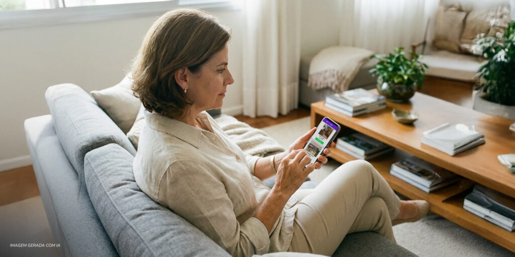 Residente utilizando o aplicativo eCondos em ambiente residencial, acompanhando informações do condomínio e realizando solicitações de forma simples e organizada.