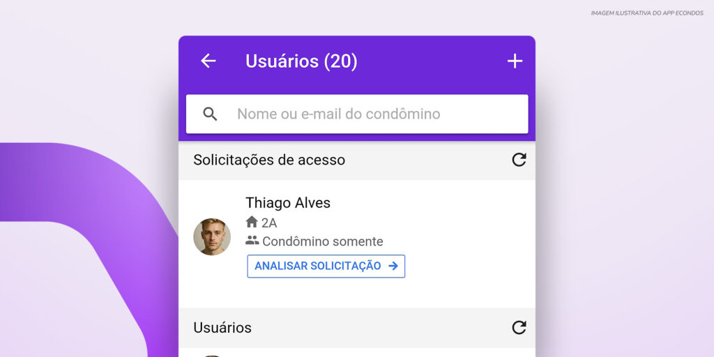 Tela do aplicativo eCondos com lista de usuários e solicitações de acesso, demonstrando a organização de informações relacionadas ao controle de acesso.