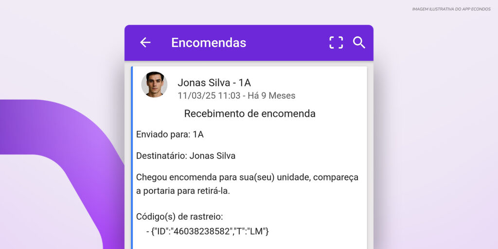 Tela do aplicativo eCondos apresentando controle de encomendas, com registro, notificação e acompanhamento das entregas pelos moradores.