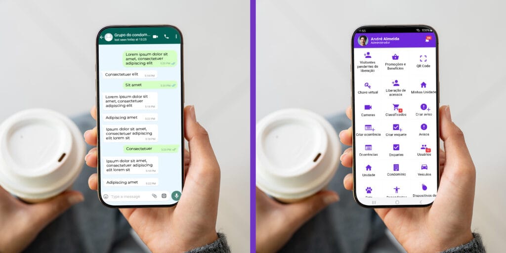 Comparação entre WhatsApp e aplicativo para condomínio em termos de organização e controle da comunicação.