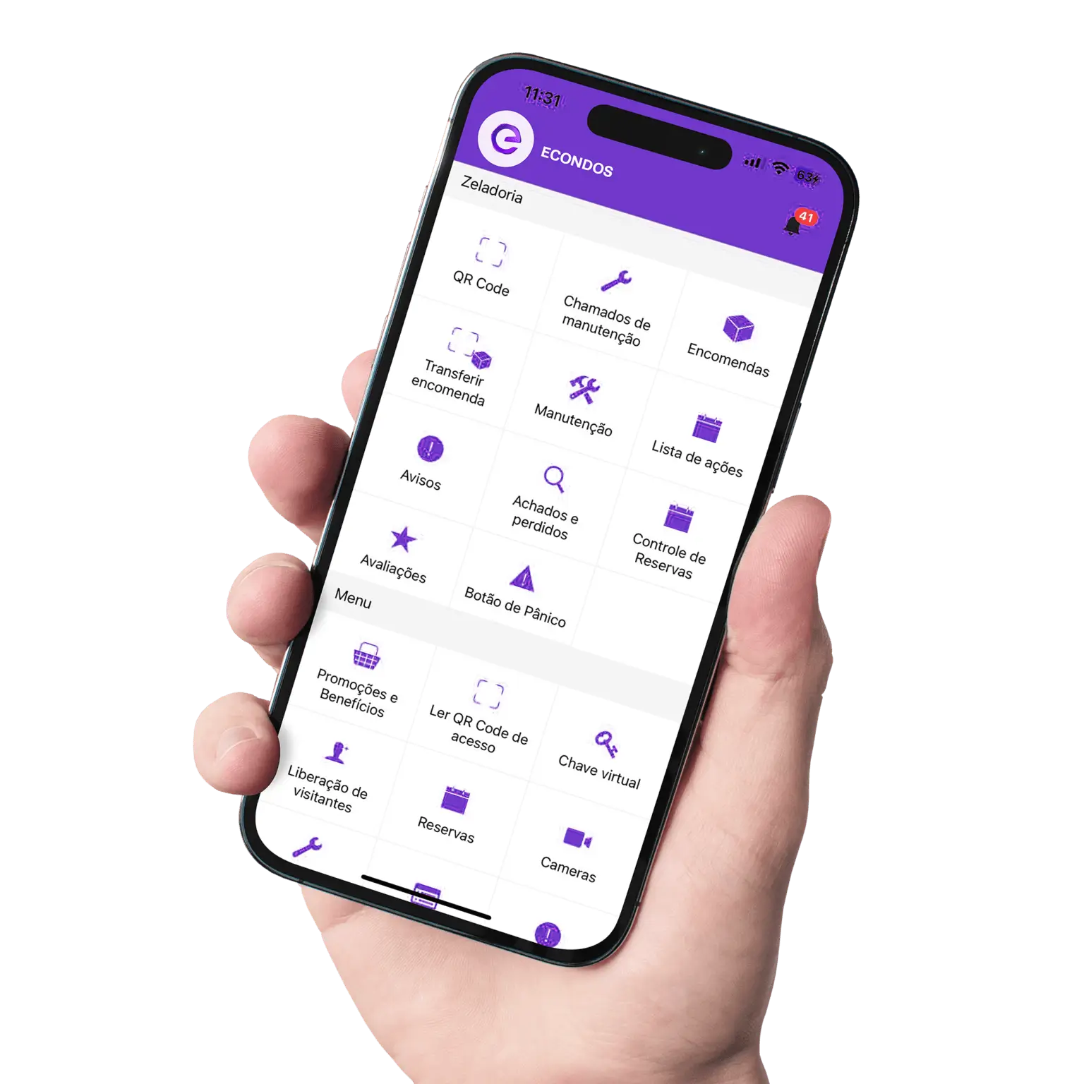 Aplicativo para condomínios eCondos aberto na tela de um smartphone