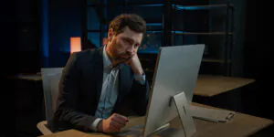 Gestor de condomínio com fisionomia cansada refletindo a rotina desorganizada da administração manual.