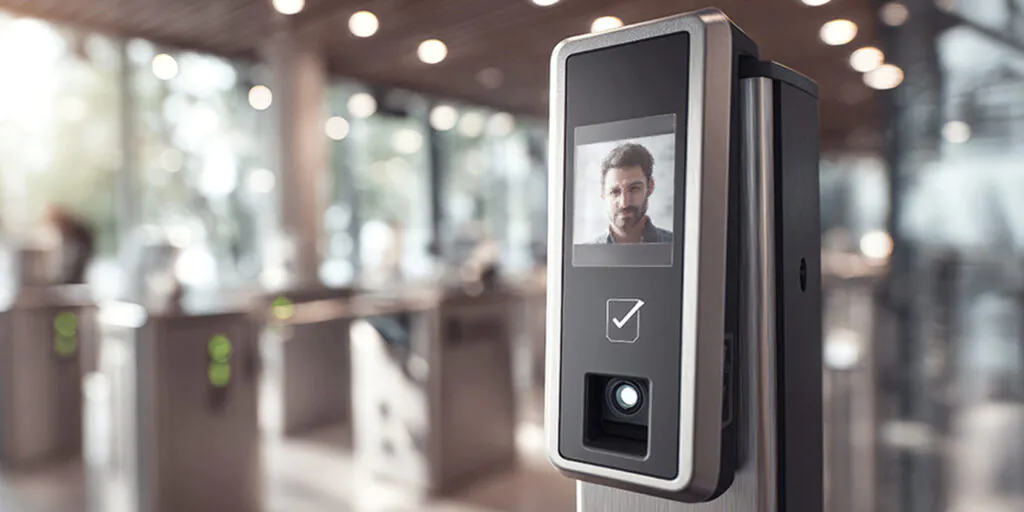 Leitor facial em portaria moderna de condomínio